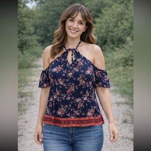 Floral Navy and Red Women's Summer Top Cold Shoulder Sexy Top